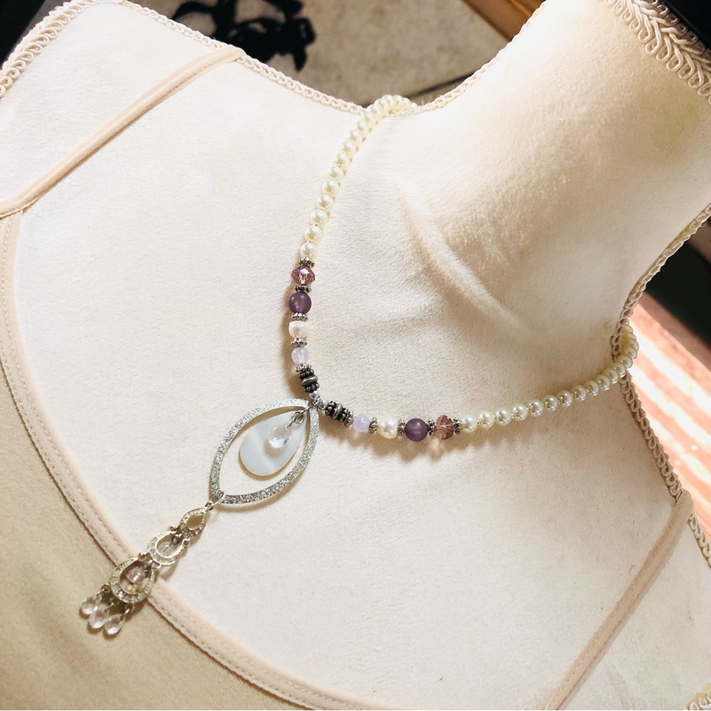 Handcrafted repurpose elegant crystal drop pendant Czech glass Pearl necklace